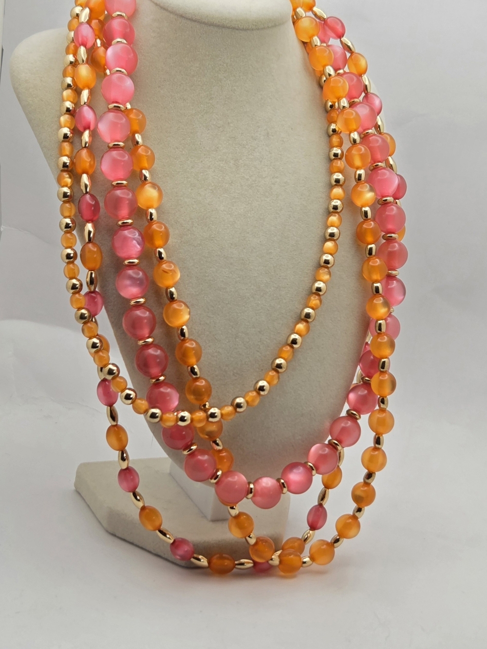 Multi-Strand Pink & Orange Lucite Bead Necklace Gold Tone 21"